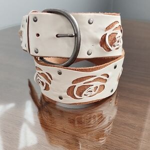 Rough Roses Hand Made Off White Leather Rose Cutout Belt S Fits Around 31"- 35"